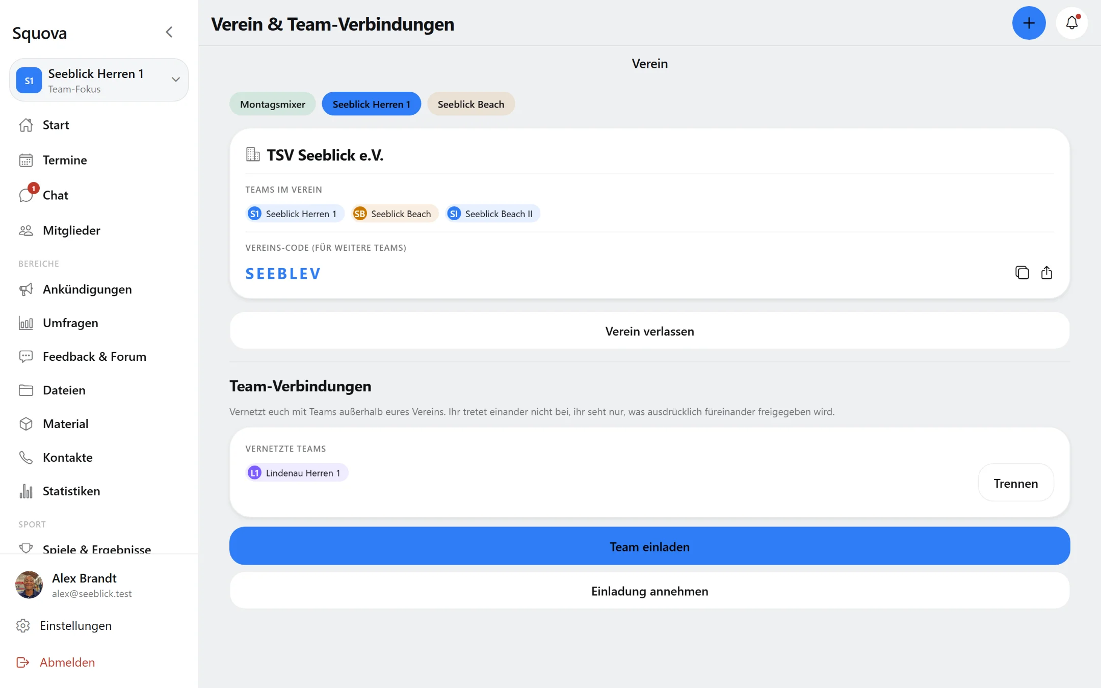 Verein und Team-Verbindungen in Squova: Teams im Verein, Vereins-Code und vernetzte Teams