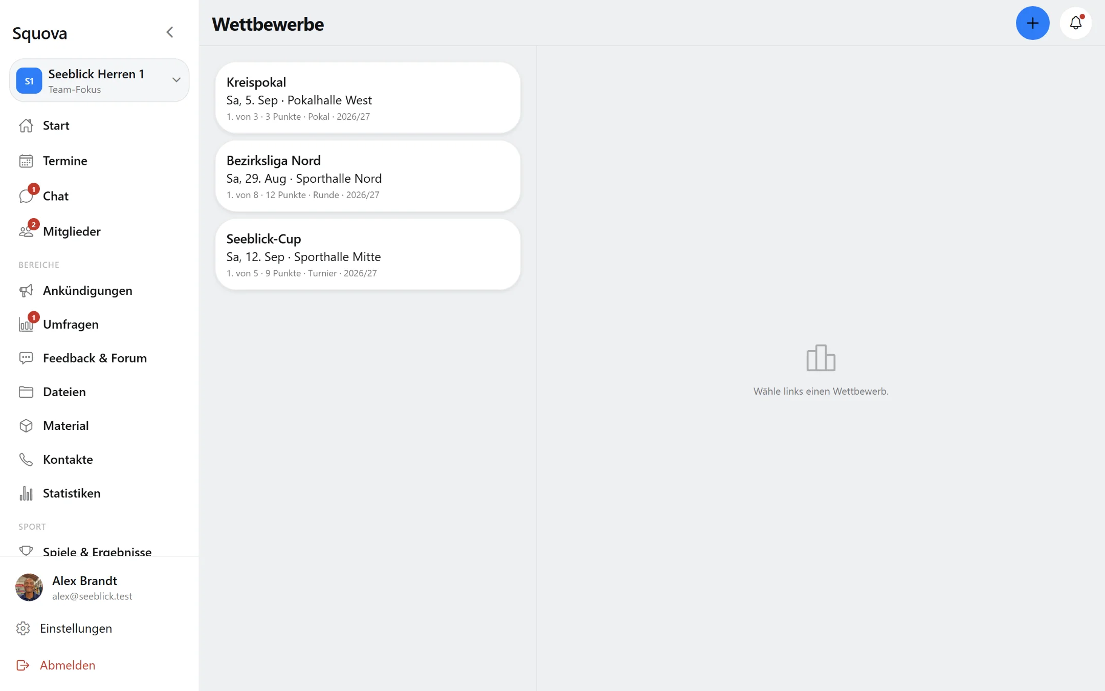 Wettbewerbs-Liste in Squova mit einem Turnier, einer Runde und einem Pokal derselben Saison