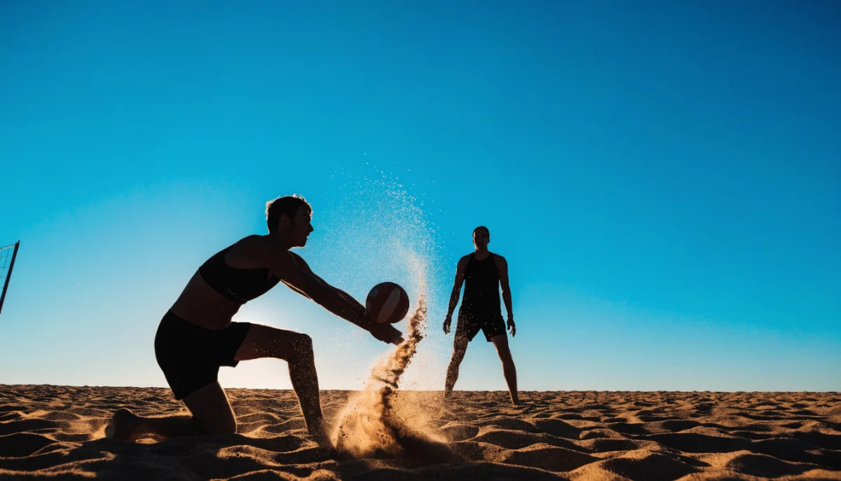 Beachvolleyball im Gegenlicht: eine Spielerin baggert den Ball, im Hintergrund die zweite