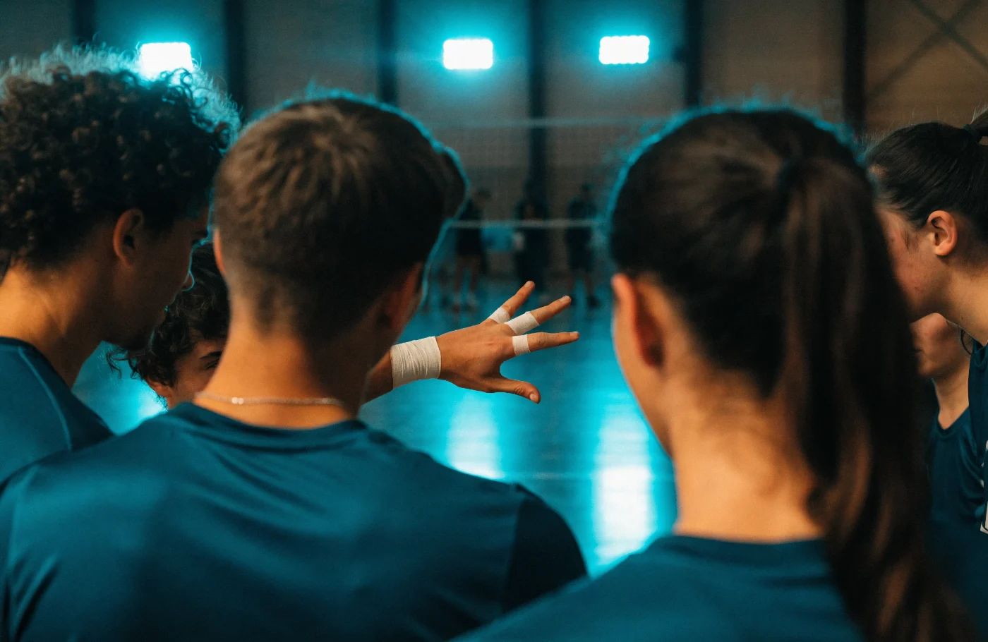 Mannschaftskreis in der Halle: eine Hand mit getapten Fingern zeichnet einen Laufweg in die Luft, die anderen schauen zu